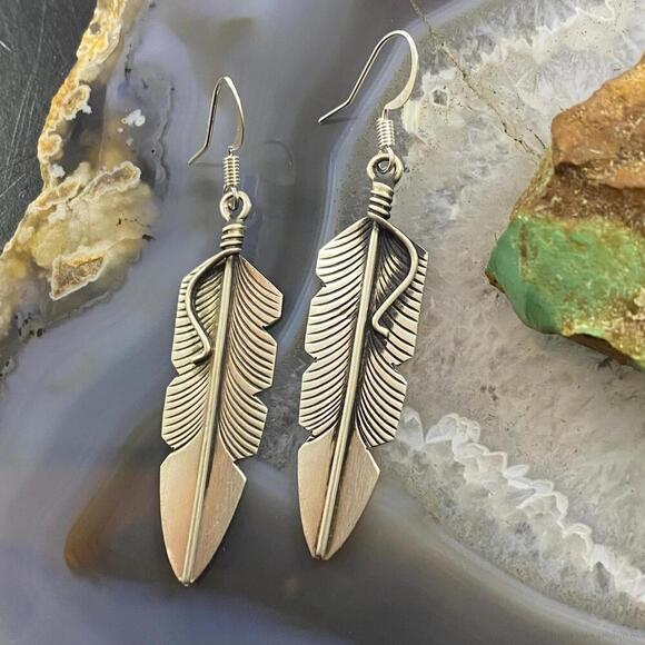 Chris Charley Native American Sterling Silver Feather Dangle Earrings For Women - Picture 4 of 10